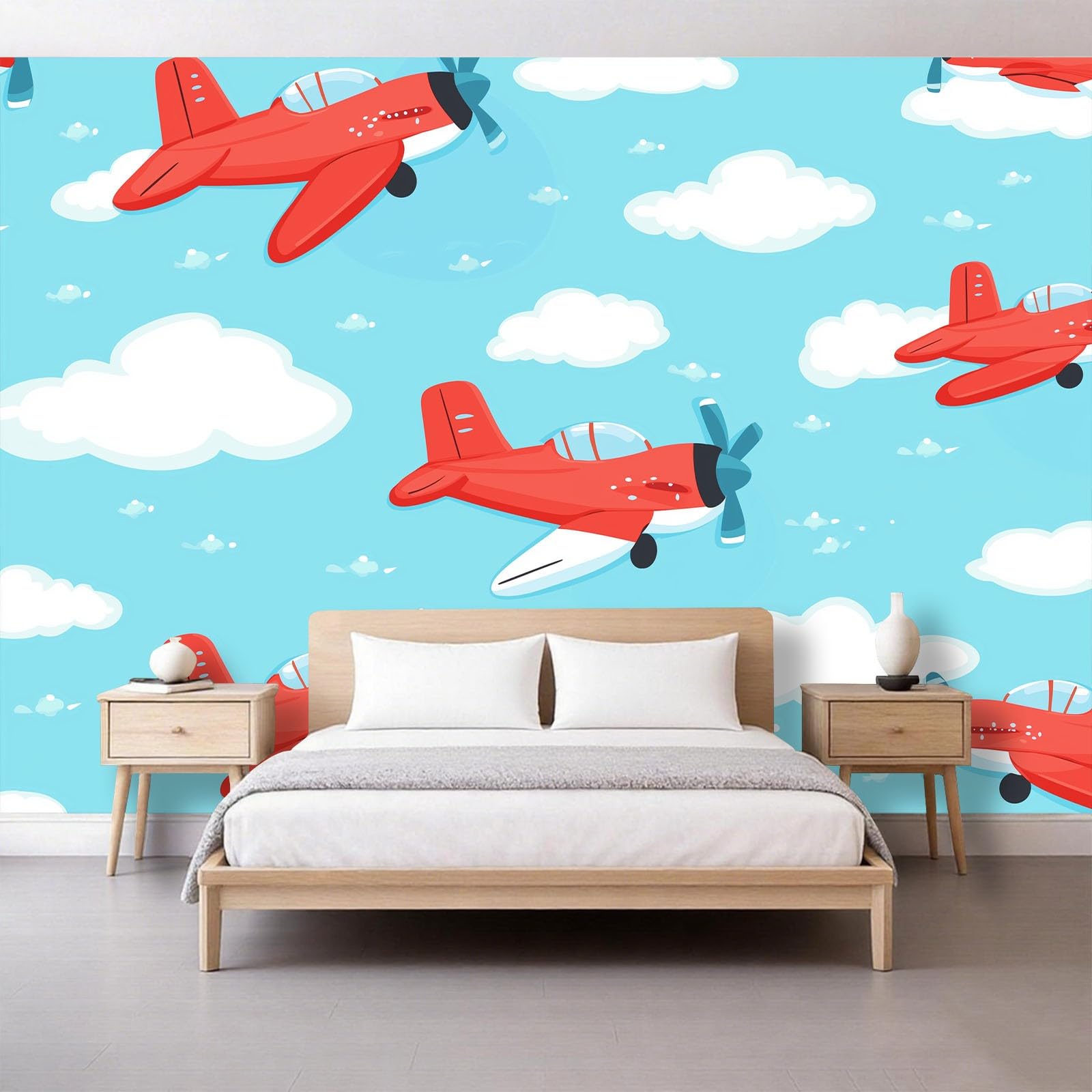 Générique Panoramiczna tapeta 200 x 140 cm Kreskówka Minimalistyczny samolot włóknina XXL fototapeta dekoracja ścienna gobelin salon sypialnia - tapeta Trompe l'eil efekt 3D, jasnoniebieska