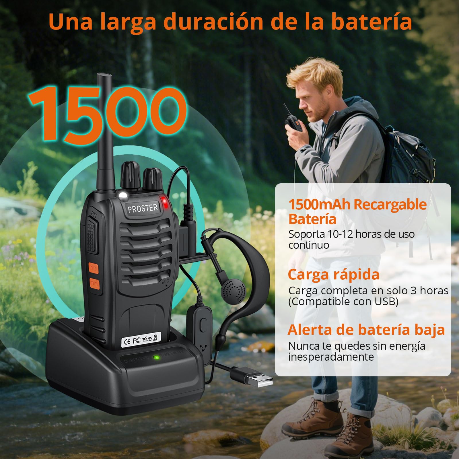 Proster Walkies Talkies Recargable Walky Talky Profesionales 16 Canales CTCSS DCS Transmisores Receptores Radiocomunicación de Largo Alcance con Pinganillos y LED Linterna — view 5