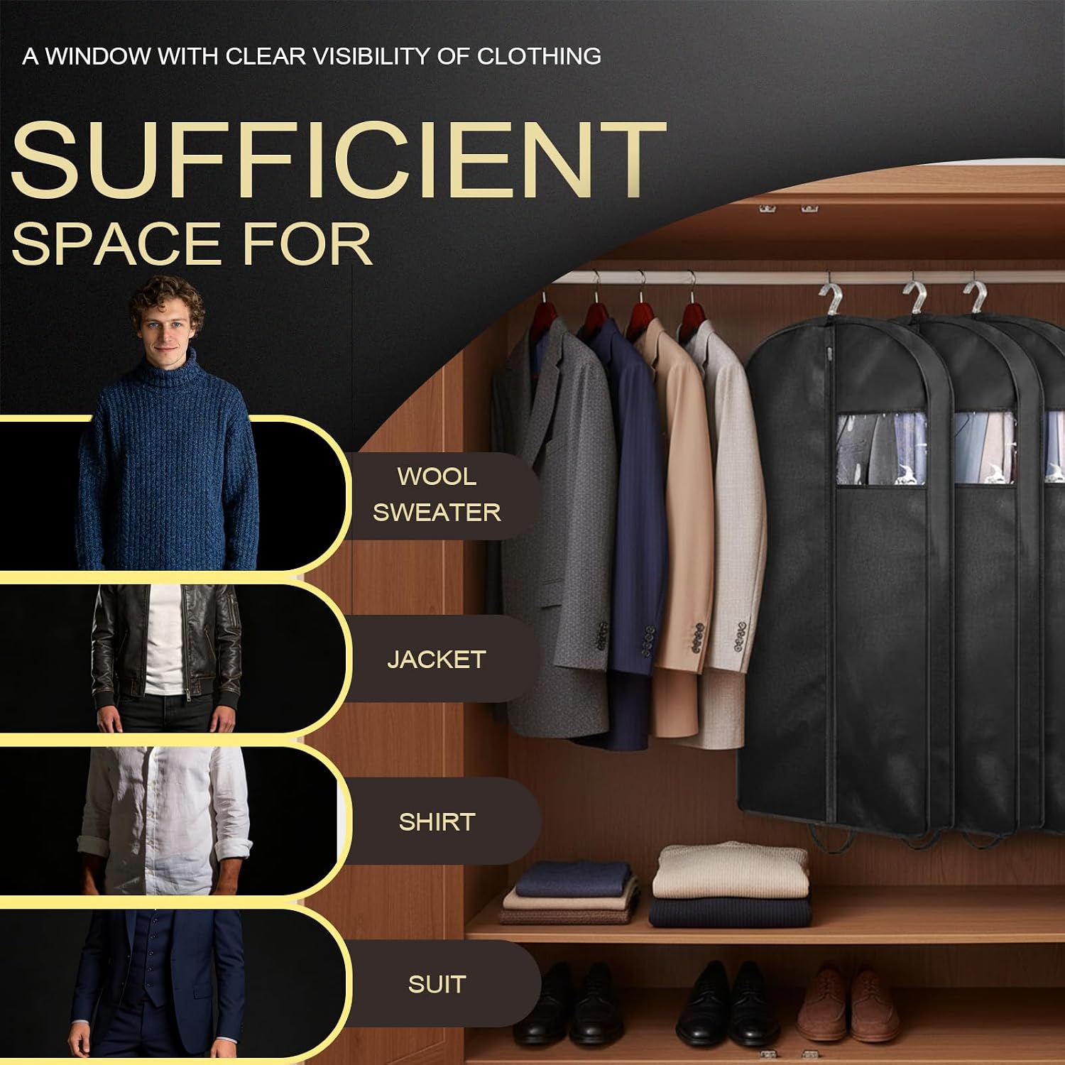 43" Lightweight Suit Bags for Closet Storage, Gusseted Hanging Garment Bags for Men Suit Cover With 1 Shoe Bag and Handles for Shoes, Clothes, Coats, Jackets, Shirts（4 Packs）