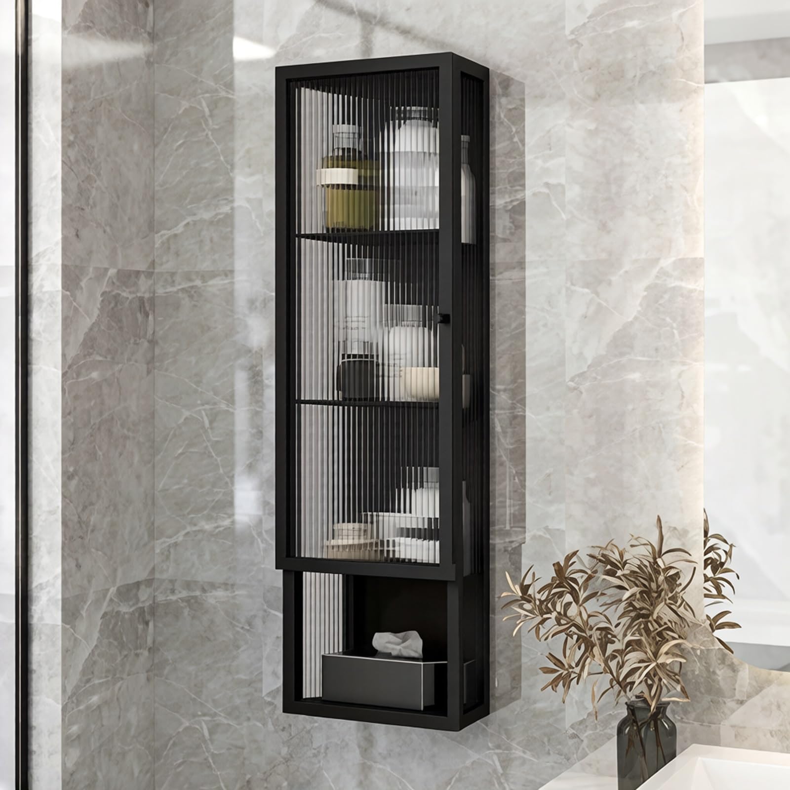 Armario de baño montado en la pared con puerta de cristal, marco de metal, solución de almacenamiento estrecha para cocina y lavandería