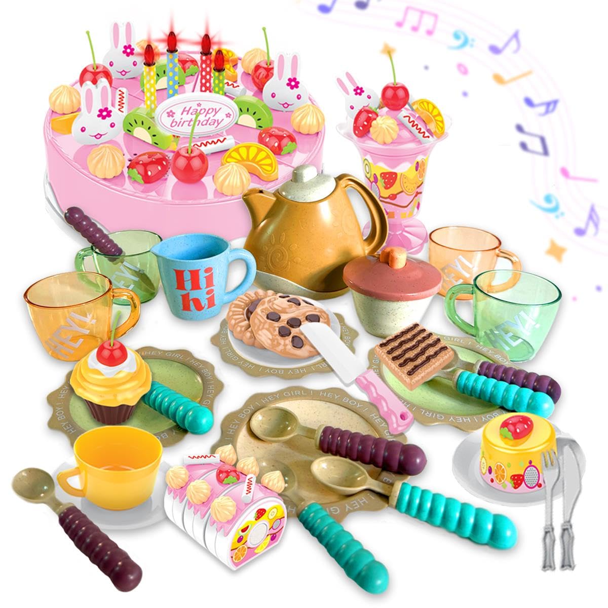 Xwin Kids Birthday Cake Toy Tea Set, 95 PCs Pretend Play Cake Decoration Accessorises with Musical Light Up Candle & Desserts Tea Party Playset, Play Food Cutting Gift for Children 3+ Year - Pink