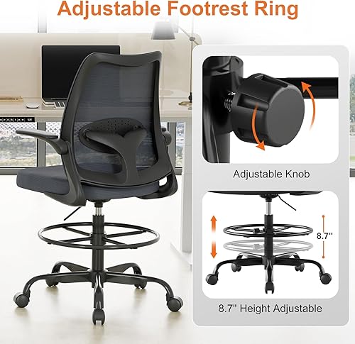Miniatura 4 de Silla alta de oficina para escritorios de pie, silla de dibujo de escritorio alto con anillo reposapiés ajustable, soporte lumbar ergonómico,