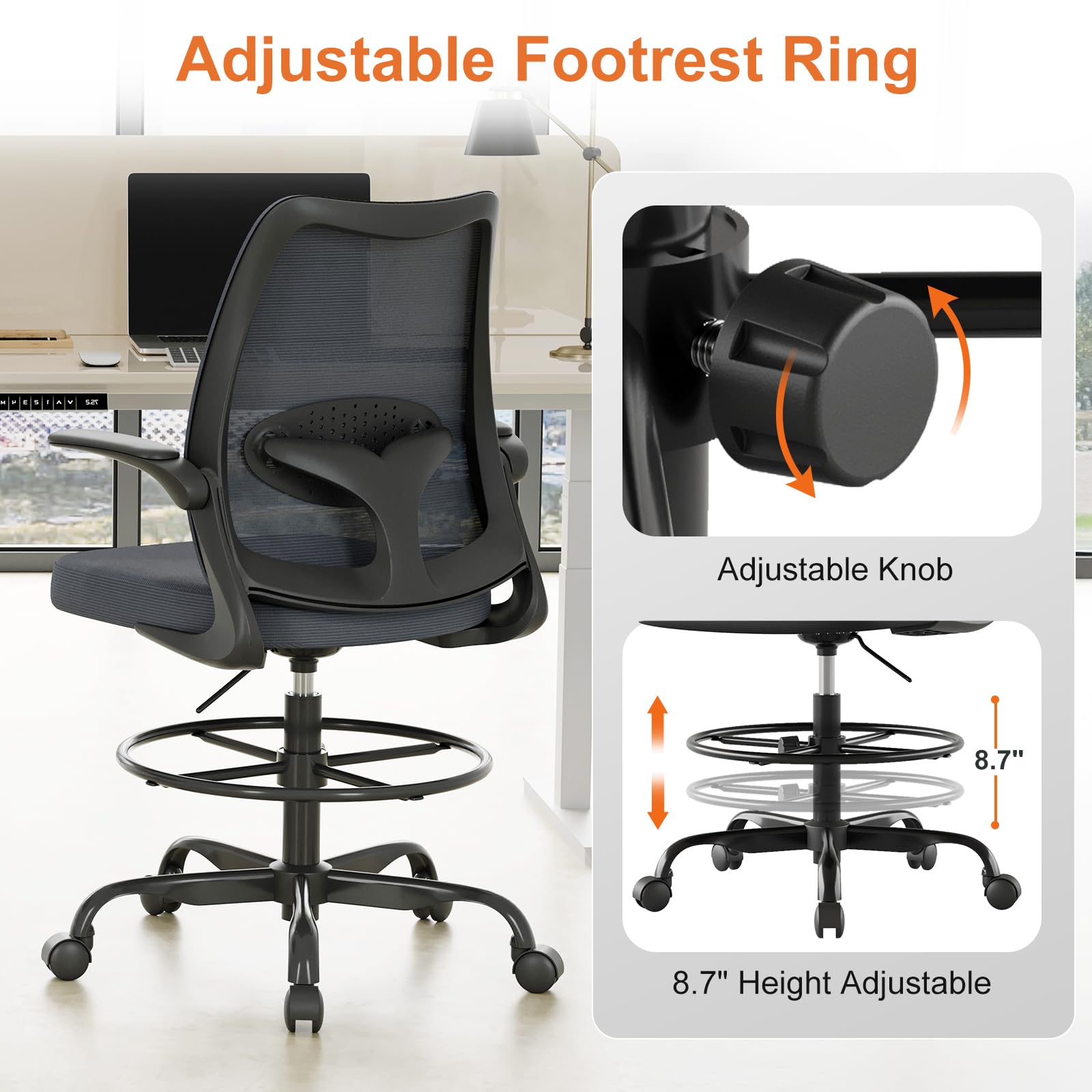 Tall Office Chair for Standing Desks,High Desk Drafting Chair with Adjustable Footrest Ring,Ergonomic Lumbar Support,Flip-Up Armrests for Home Office,Grey