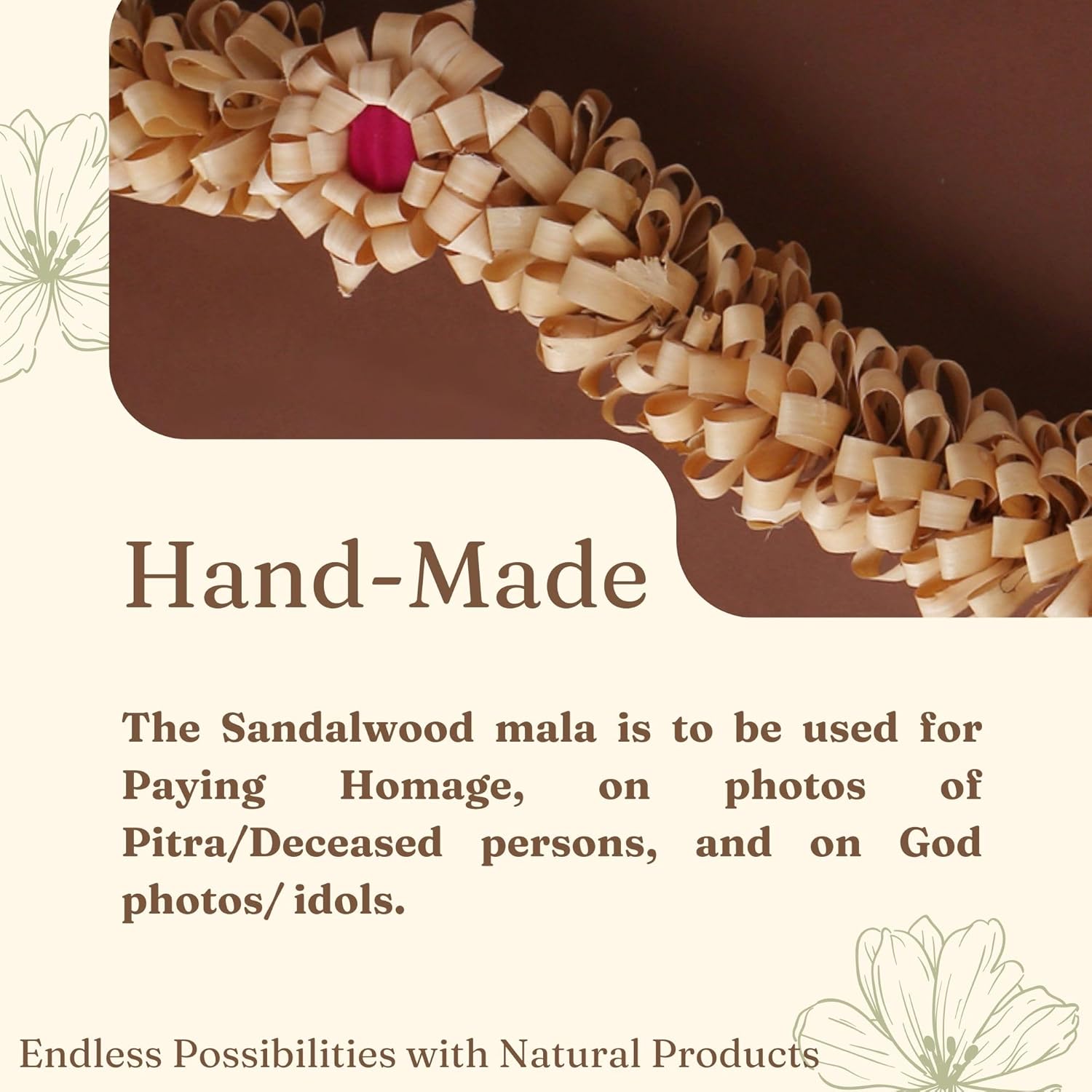 RDK Sandalwood Processed Photo Frame Haar Mala | Chandan Scented Wooden Chaal | Wooden Garland for Photos of Loved Ones|Traditional Mala for God, Ancestors and Pitra, Pooja Room (30 Inches)
