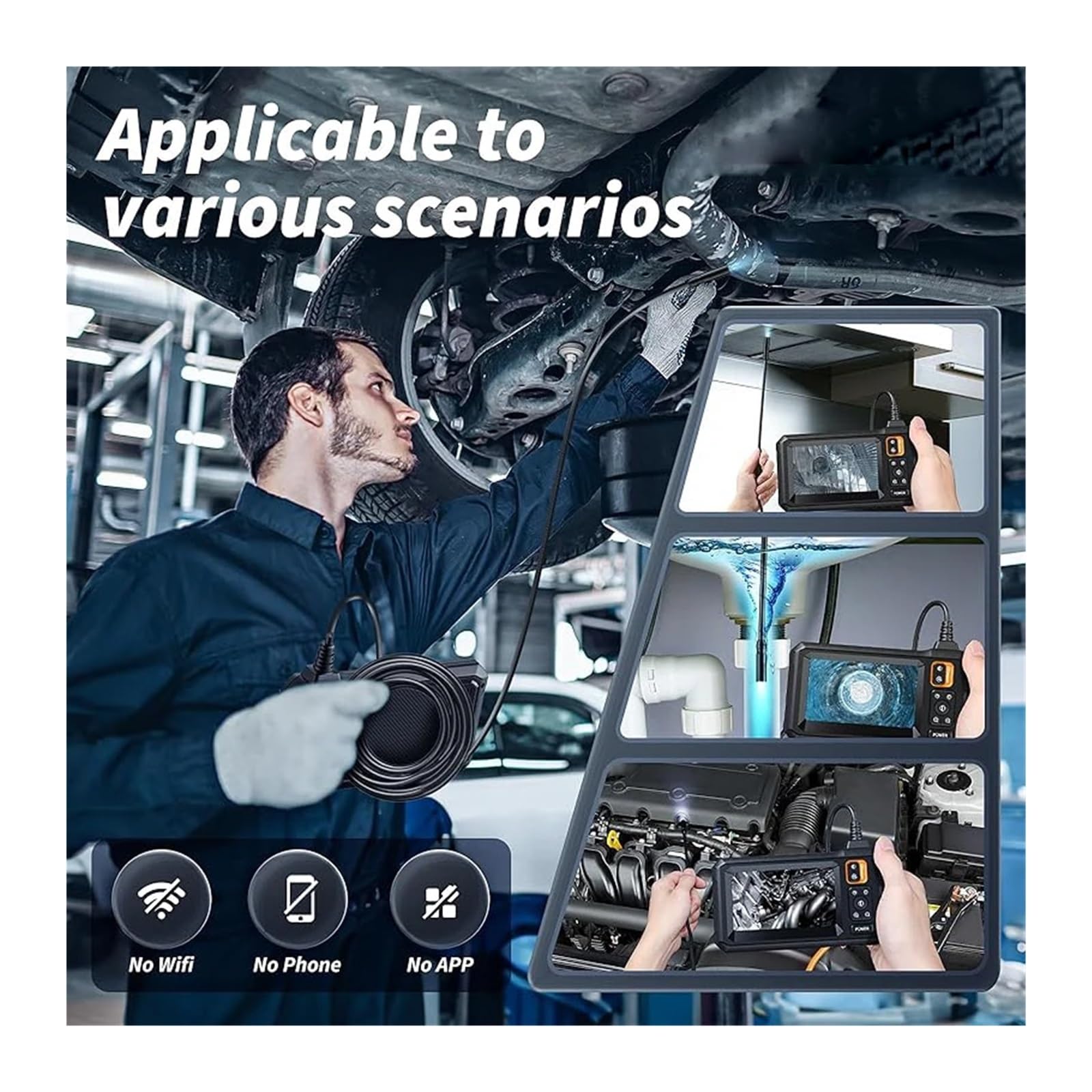 Endoscope Camera 4.3 Inch Screen 1080P HD Industrial Endoscope Camera IP67 Waterproof Car Pipe Inspection With 8 LEDS 8mm Lens(10m,Dual Lens)