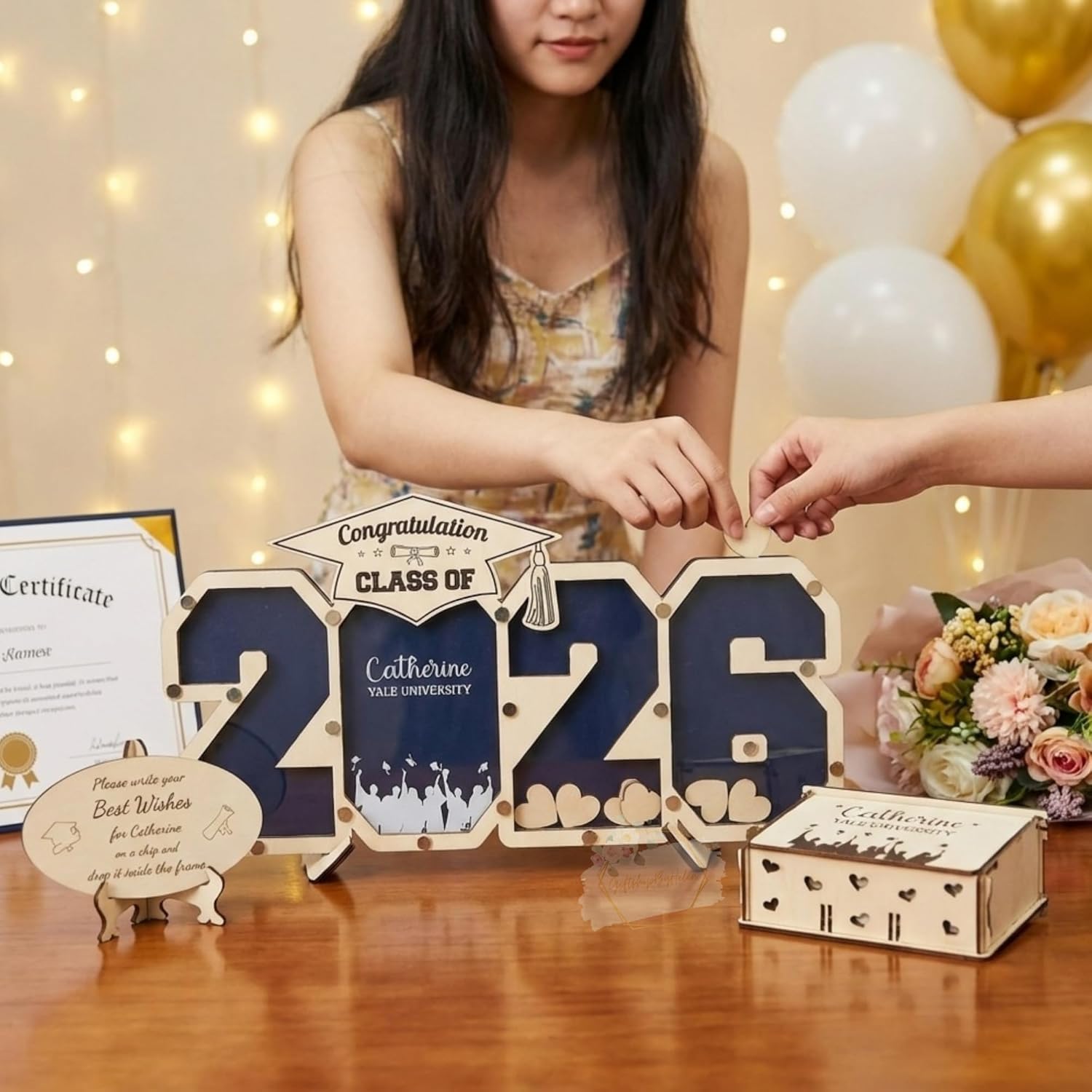 Graduation Guest Book Alternative 2026, Personalized Wooden Frame Class of 2026, Sign in Guest Book with Graduation Cap Design, Graduation Memory Book Party Decoration
