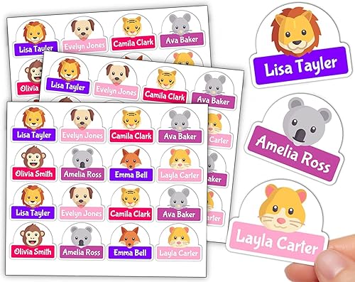 Sweet Etiquetas de nombre personalizables de animales mixtos, 16 a 128 unidades, etiquetas perfectas para niños para guardería y suministros