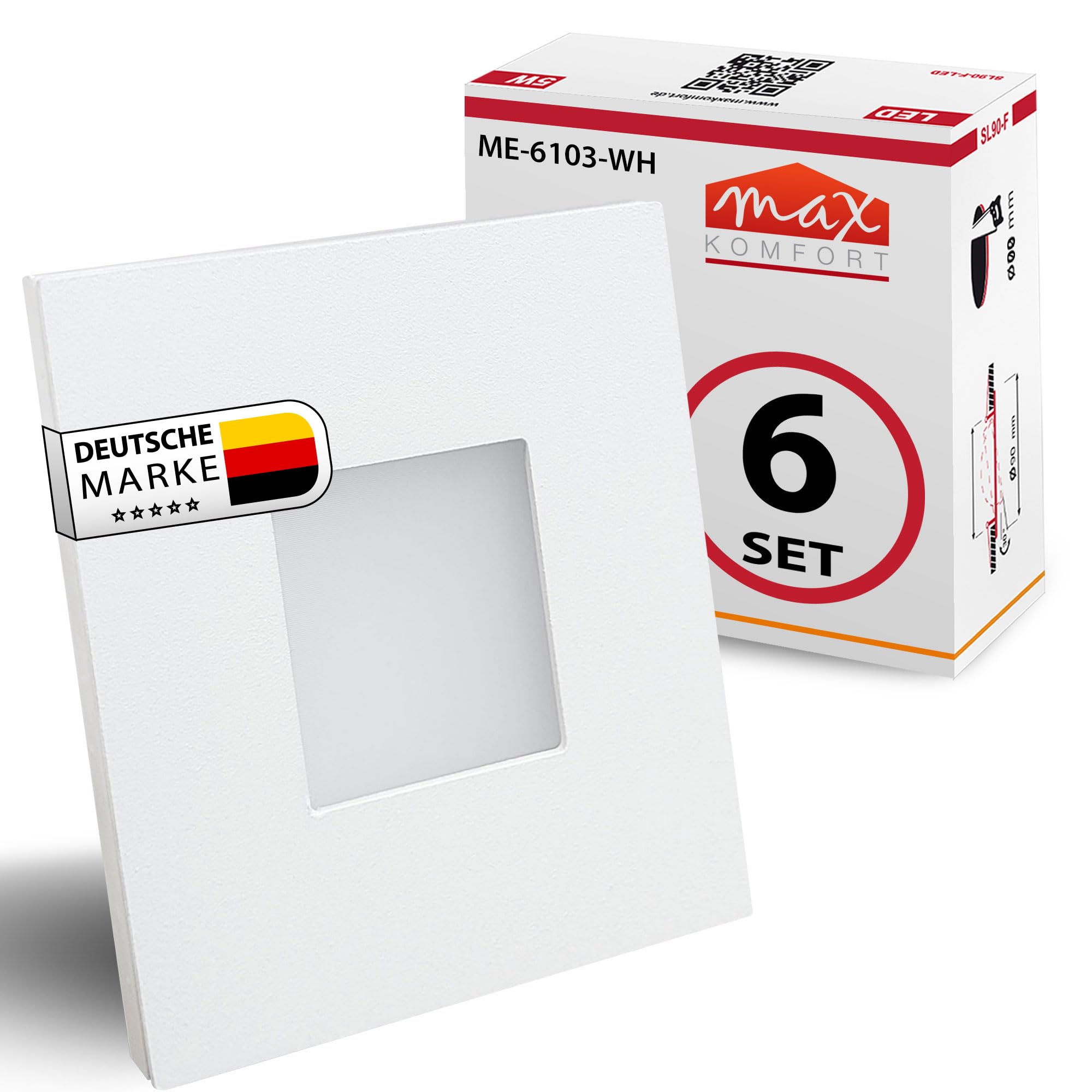 Maxkomfort LED Treppenbeleuchtung 230V – 0,5W 40lm Wandeinbauleuchte Eckig für 60mm Dose – Warmweiß (3000K) – Aluminium Stufenlicht für Flur – Stromsparendes Nachtlicht ohne Sensor – 6er Set Weiß