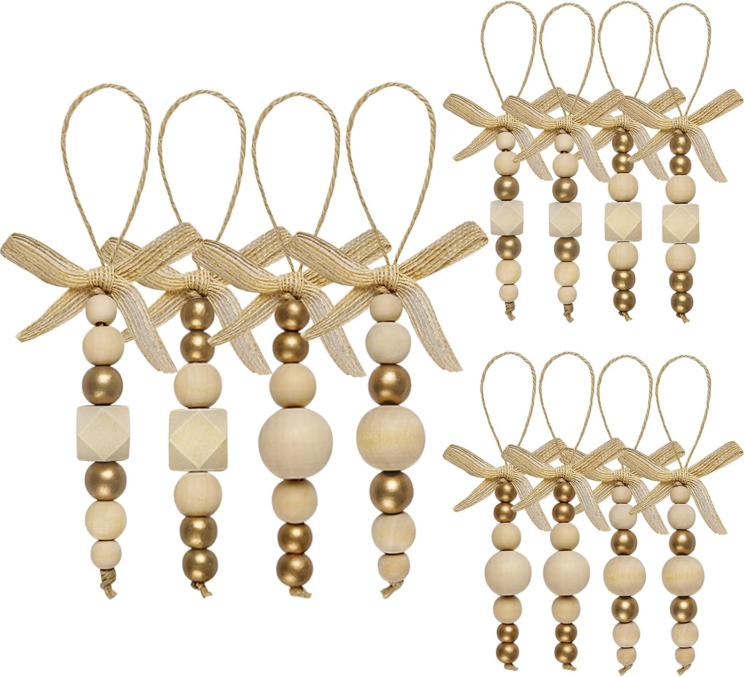 OurWarm 24Pcs Wooden Beads Christmas Tree Ornaments, Boho Christmas Decor Tree Beads with Gold Beads & Bowknot, Farmhouse Rustic Wood Ornaments for Home Xmas Tree Decor