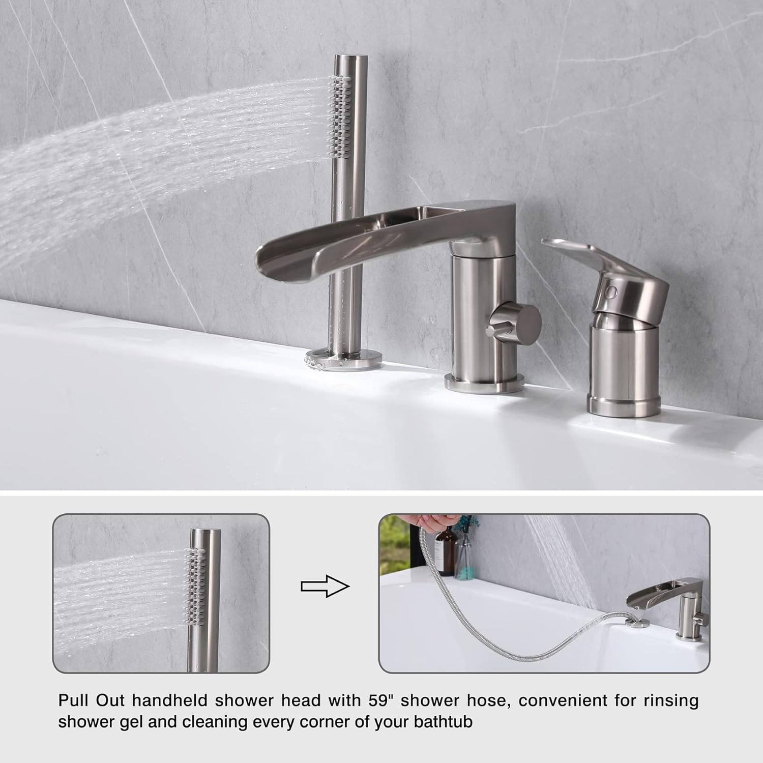 TapLong waterfall roman tub faucet features brushed nickel and hand shower