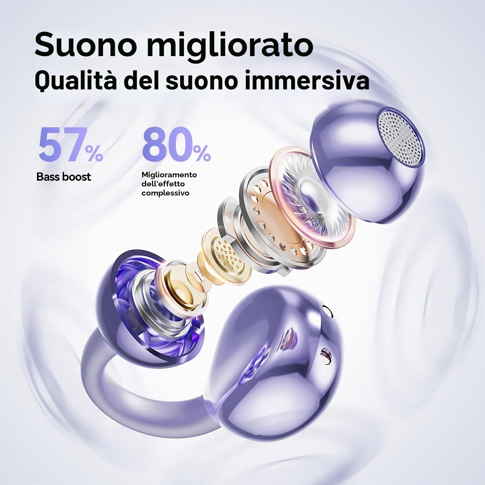 PTHTECHUS Cuffie Wireless, Sportivi Clip Aperta Cuffie Conduzione Ossea, Diaframmi 12mm ENC, Chiamate Cristalline, Auricolari Bluetooth 5.4 Compatibile iOS/Android, 30 ore di Riproduzione, Viola-b