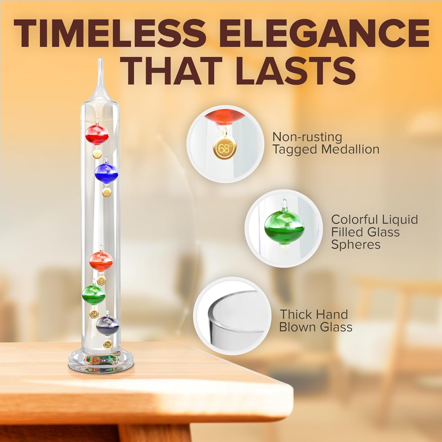 JJ Care Galileo Thermometer (14" Tall) - Measures 64F to 80F, Indoor/Outdoor Home Decor