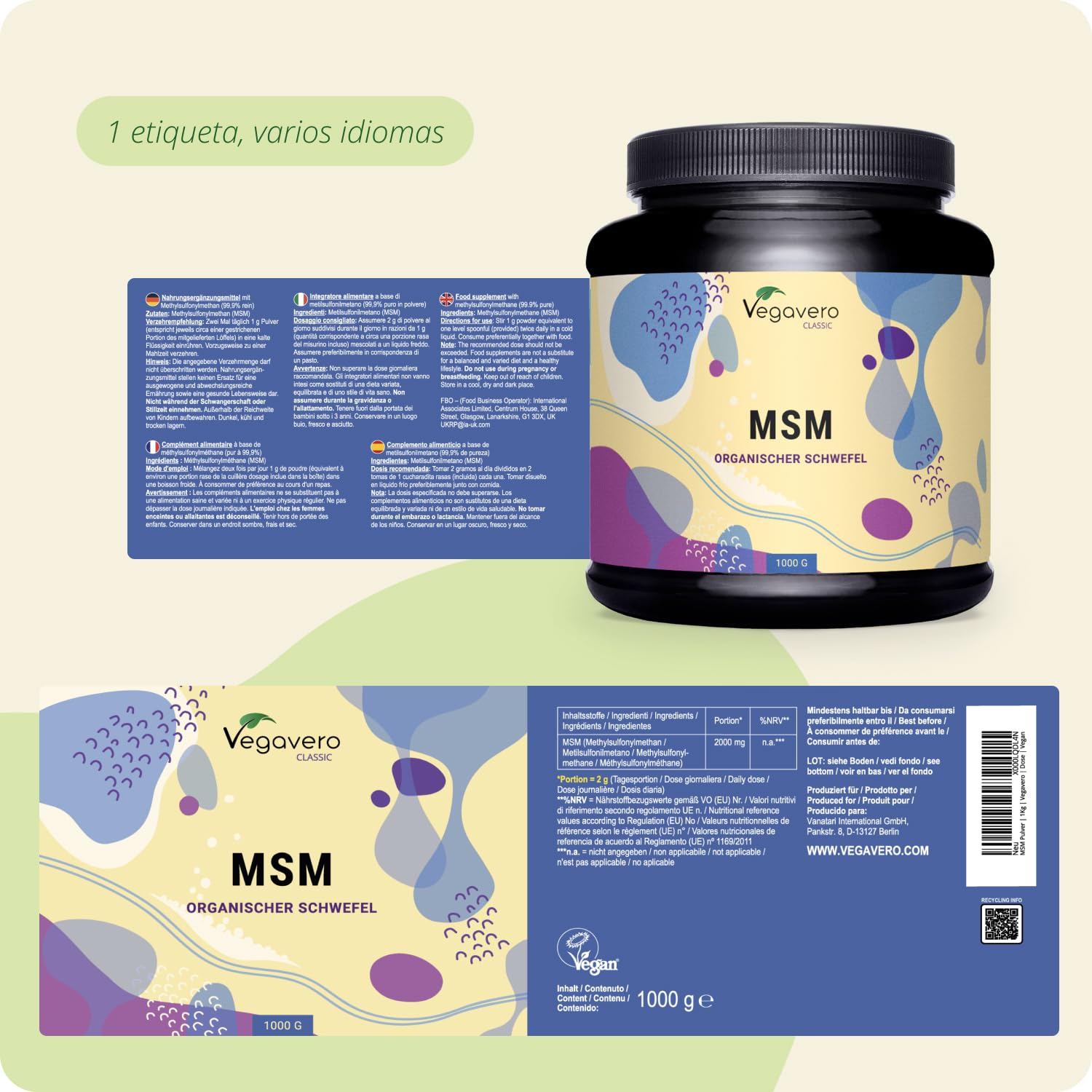 MSM Polvo Vegavero | El Único PURO | 1 KG | Sin Aditivos | Antiinflamatorio Natural + Dolor Espalda + Articulaciones & Joint Support | Vegano