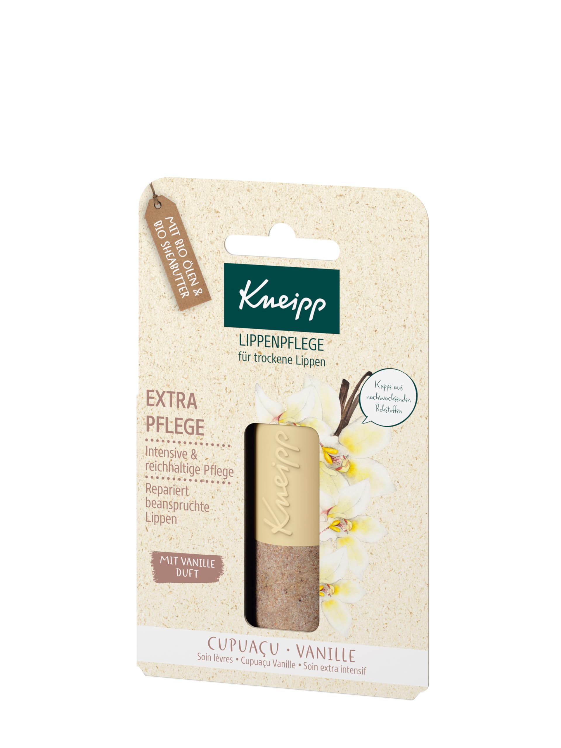 Kneipp Pielęgnacja ust – bogaty balsam do ust z odżywczym masłem Cupuaçu i prawdziwym ekstraktem z wanilii – długotrwały i intensywny balsam do ust – 1 szt