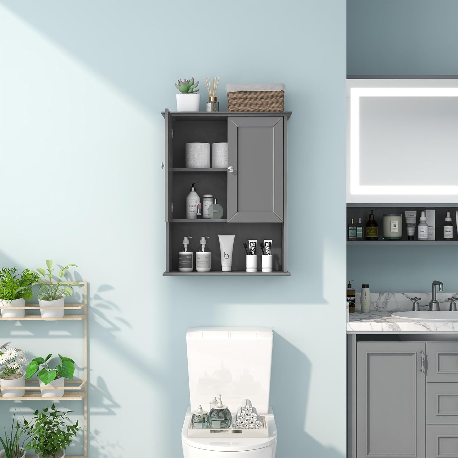 Grey Wall Mounted Bathroom Cabinet 24x30 Inch Wooden Over Toilet Storage Cabinet with 2 Doors, Above Toilet Medicine Cabinets for Bathroom Laundry Room Bedroom Kitchen