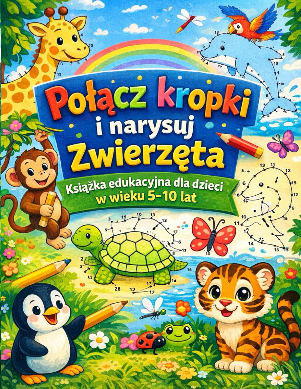 Połącz kropki i narysuj zwierzęta: Książka edukacyjna dla dzieci 5–10 lat | Kolorowanki, nauka liczb, koncentracja i zabawa bez ekranu
