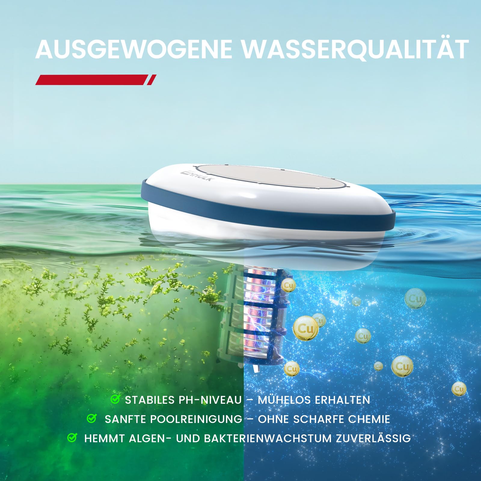 Enhulk Solar-Pool-Ionisator schwimmender Reiniger für Pools bis 170.000 Liter Aufstellpools Einbaupools Blau