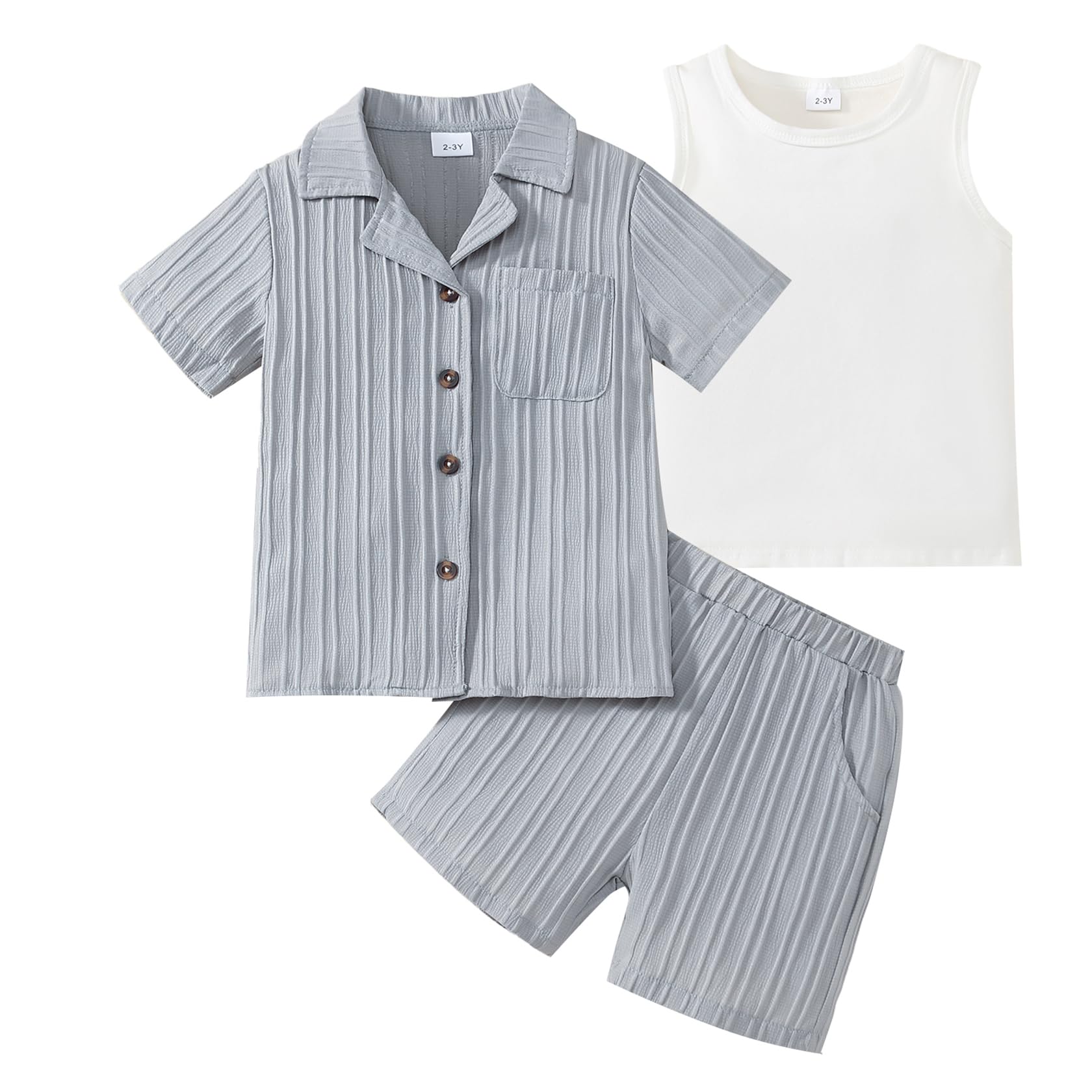 Kid Toddler Boy Clothes Short Sleeve Button-Down Shirt+Shorts+White Vest Summer Clothing Set 2-12 Years