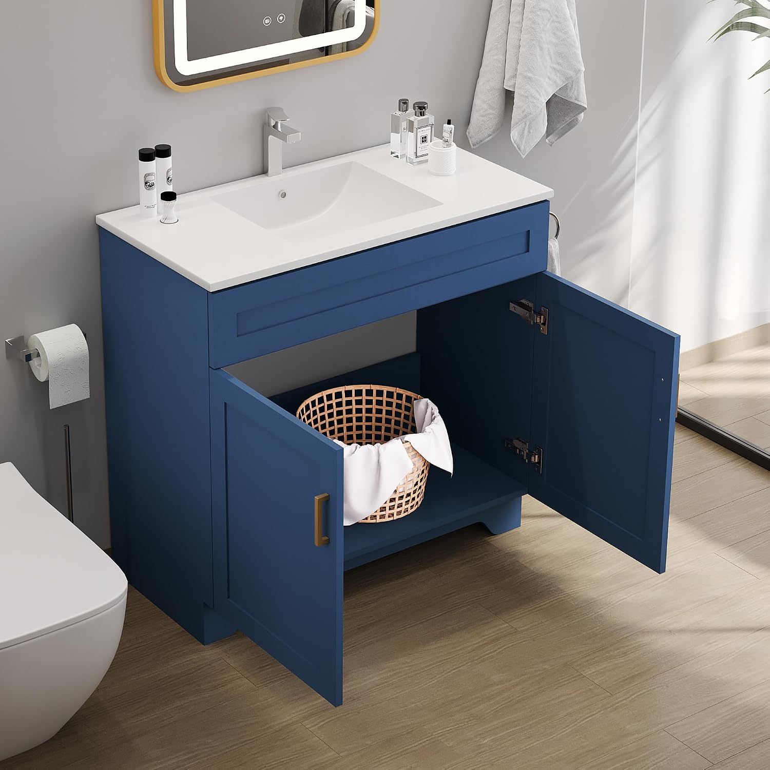 Bathroom 36" Vanity with Ceramic Sink, Wooden Double Door Bathroom Storage Cabinet, Freestanding Cabinet Vanity with Sink (Paint, Blue,36")