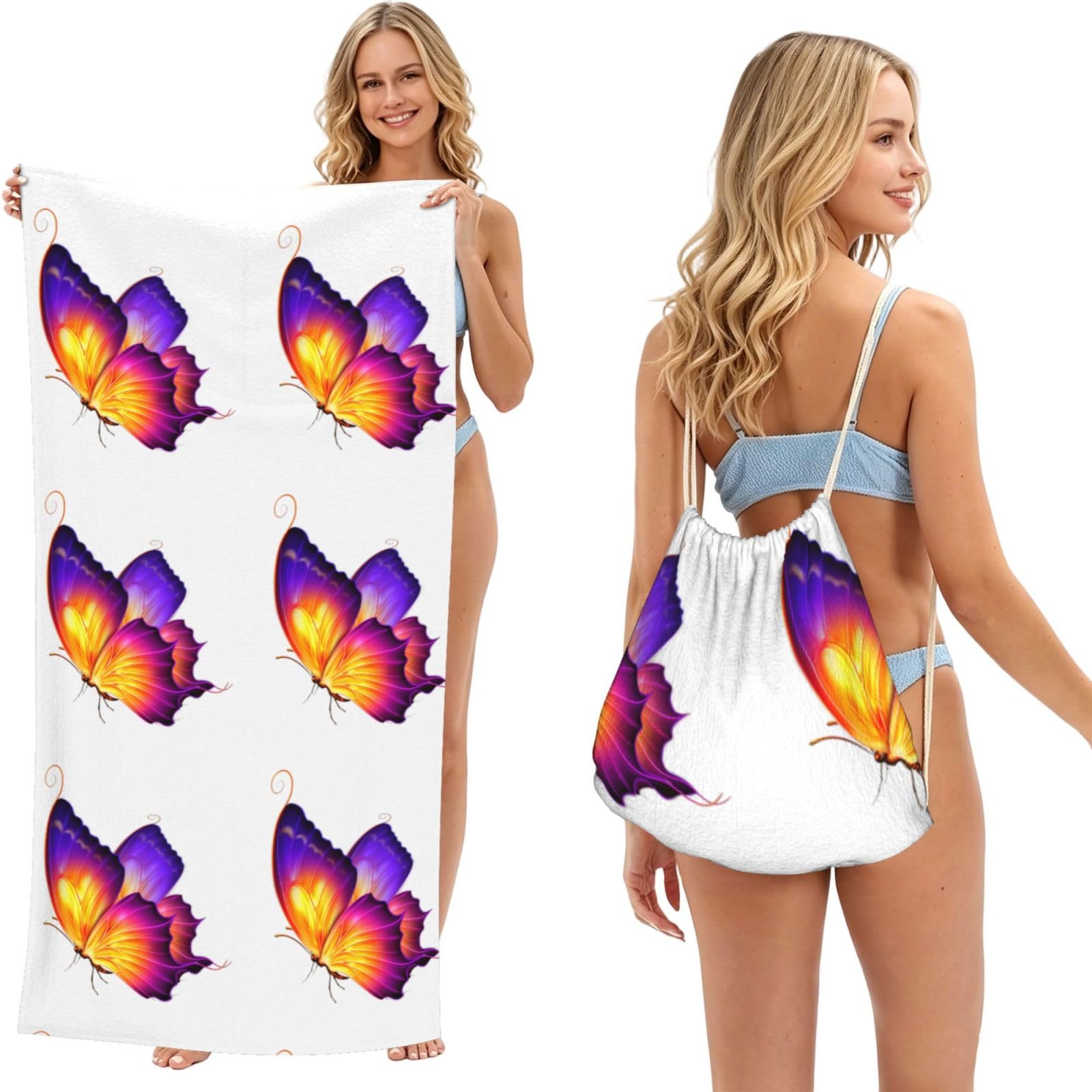 EZDLOWVBA Purple Butterfly Print Beach Towel Backpack 2 In 1 Summer Large Lightweight Beach Towel - Multifunctional Ship Pattern Towel Bag For Storage,Sport