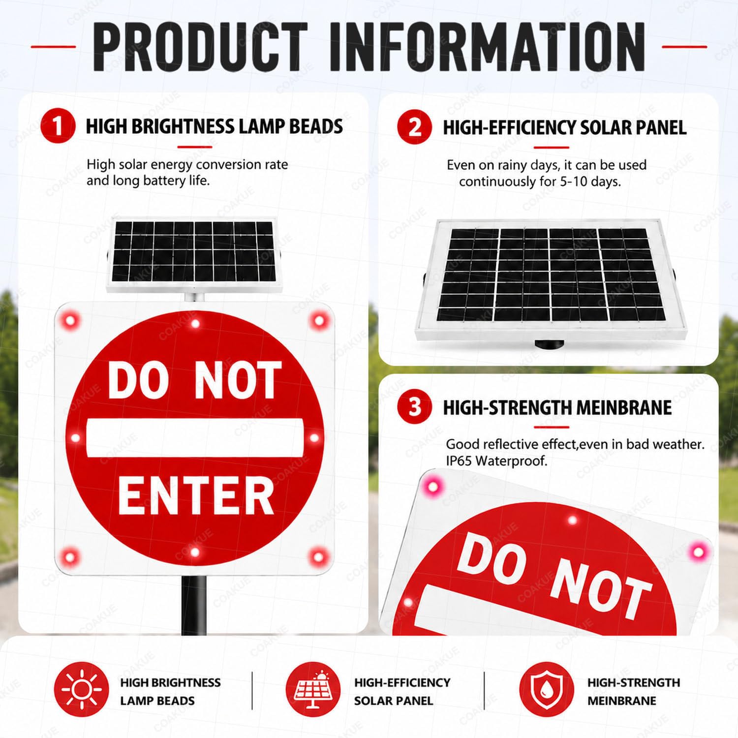 Señal LED Intermitente de «Prohibido EL Paso» alimentada por energía Solar 30in-1piece | Aluminio resistente a la oxidación, 8 LED brillantes y resistencia al agua IP65 para una visibilidad mejorada