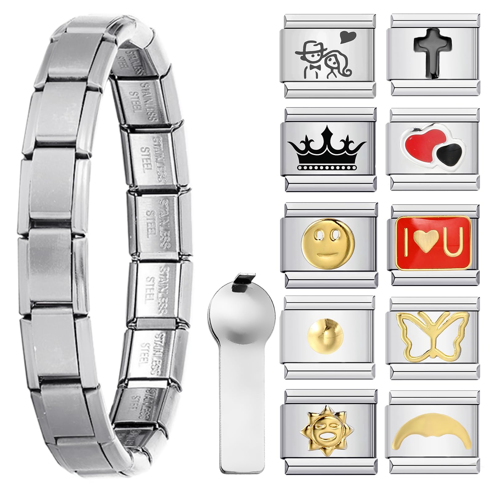 GEMOSAItalian Charm Bracelet Sets whit Starter Bracelets 10PCS 9mm Modular Charms Link Pack and Opening Tools Handmade DIY Jewelry Gifts