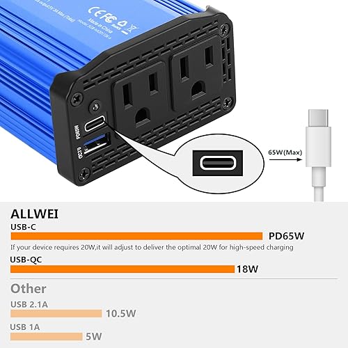 Miniatura 3 de ALLWEI Inversor de corriente de automóvil de 300 W CC 12 V a 110 V CA inversores de corriente para vehículos, convertidor USB-C PD65W18 W USB