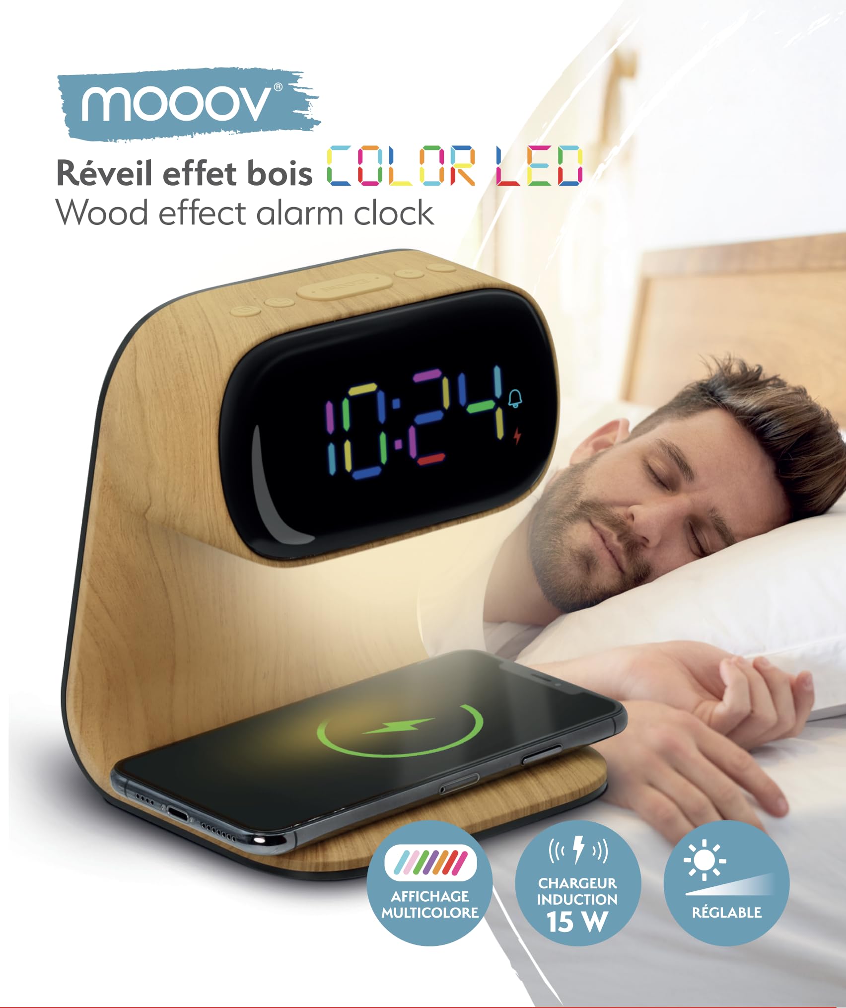 mooov Réveil Affichage Multicouleur Liseuse avec Chargeur Induction 15W - Alimenattion Secteur- Effet Bois