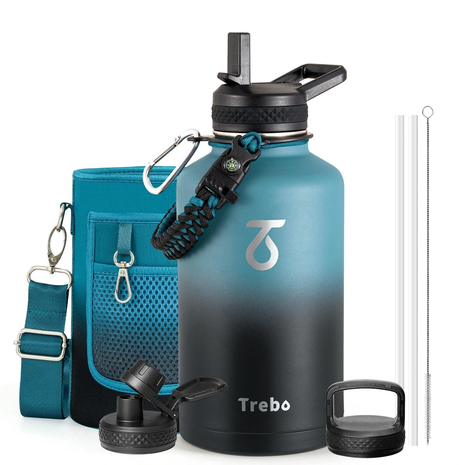 Trebo Insulated Water Bottle 2 L with Paracord Handle Wide Mouth Double Wall Stainless Steel Keep Cold 48 Hours Water Bottle with 3 Lids, Indigo Crush