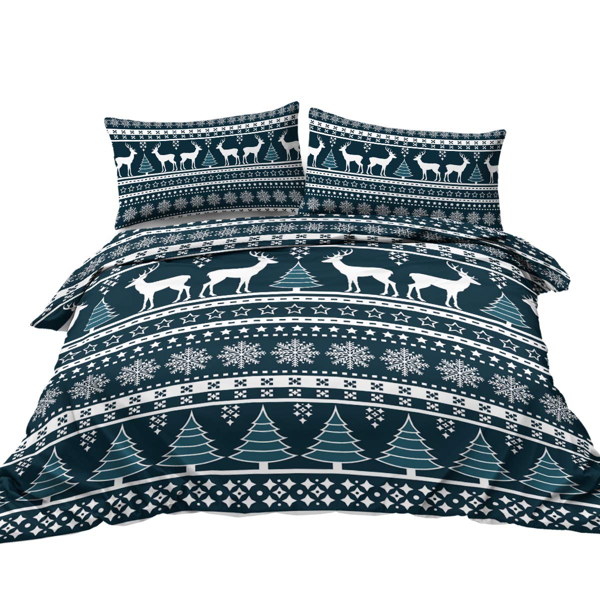 BlessLiving Teal Blue Winter Deer Bedding Set Tribal Aztec Pattern Duvet Cover Girls Boys 3 Piece Christmas Stag Comforter Cover and Pillow Shams Trendy Holiday Bedspread (Twin)