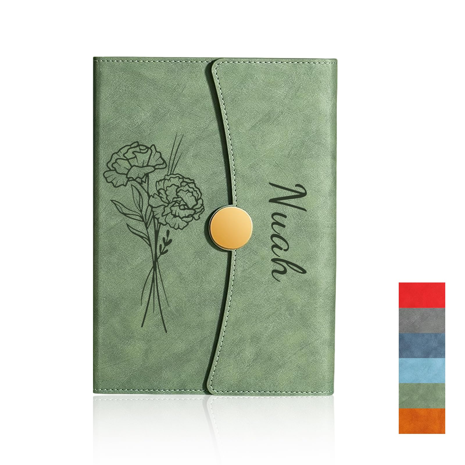 Personalized Notebook with Engraved Name & Birth Month Flowers โ Premium Faux Leather Classic Journal for Birthday, Graduation, Christmas, 200 Numbered Pages, 15 x 21 cm (Green)