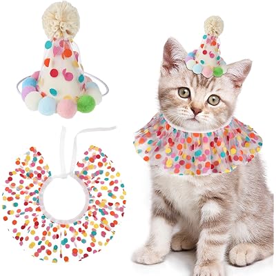 Cat Birthday Hat Outfit Bandana Scarf, Party Hat Dog Costumes Cute Lace Puppy Bib Scarf Party Decorations Set for Small Medium Cats & Doggy