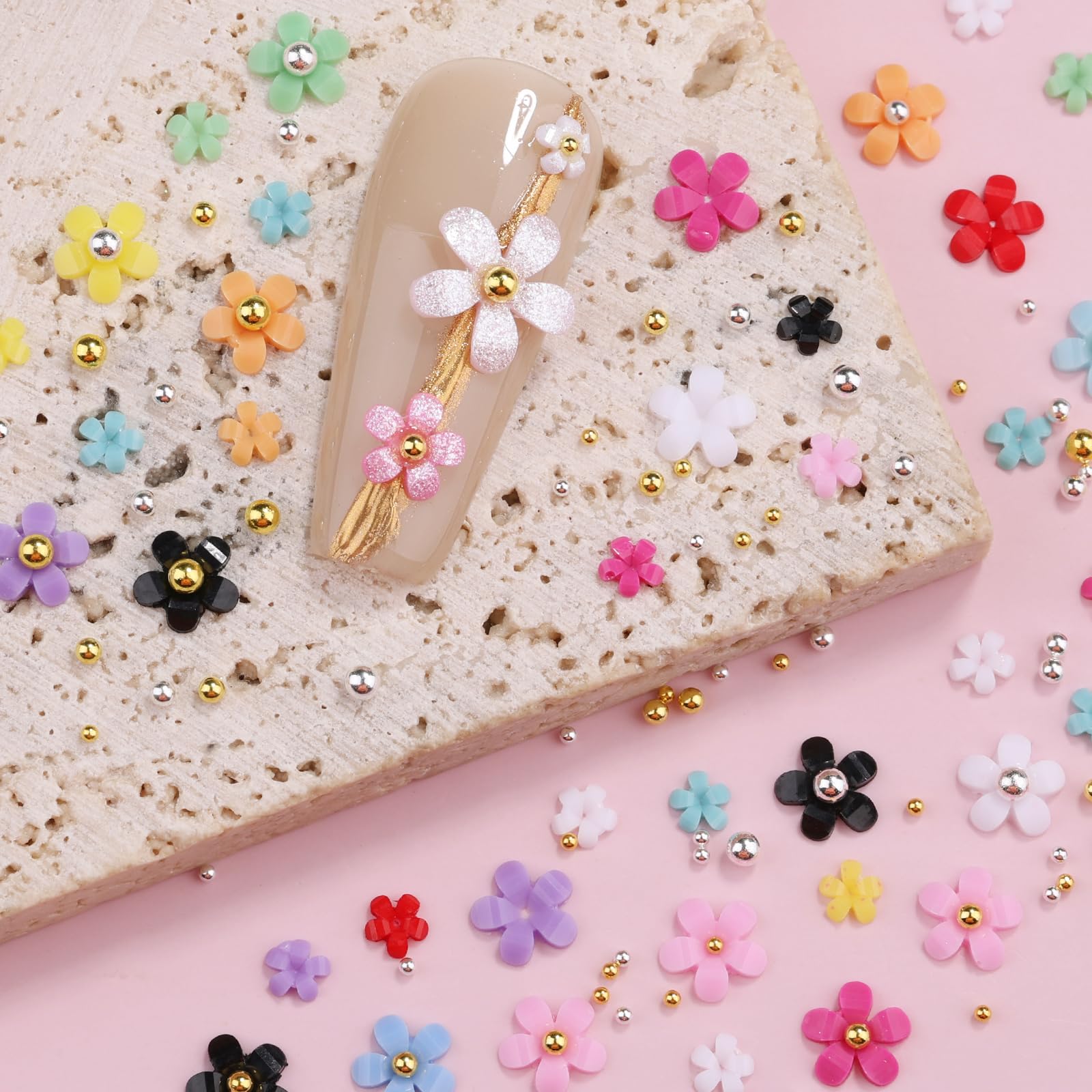 Dijes 3D coloridos para arte de uñas, acrílico blanco y rosa, flor de cerezo, pétalo de primavera, metal, oro, plata, cuentas redondas de caviar, perlas de diamantes de imitación para manicura y