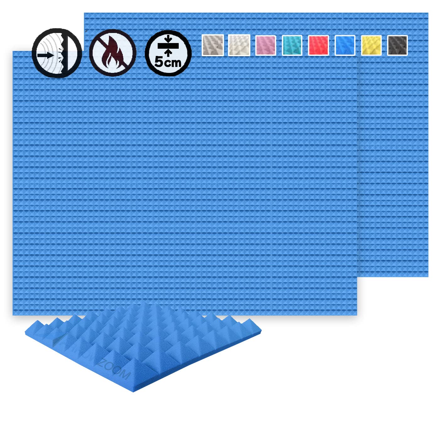 Arrowzoom 96 akoestische platen, akoestische schuimstofmatten, akoestisch schuim, 50 x 50 x 5 cm, isolatie piramide, noppenschuim, breedbandabsorberend, schuim, brandvertragend, geluidsabsorberend