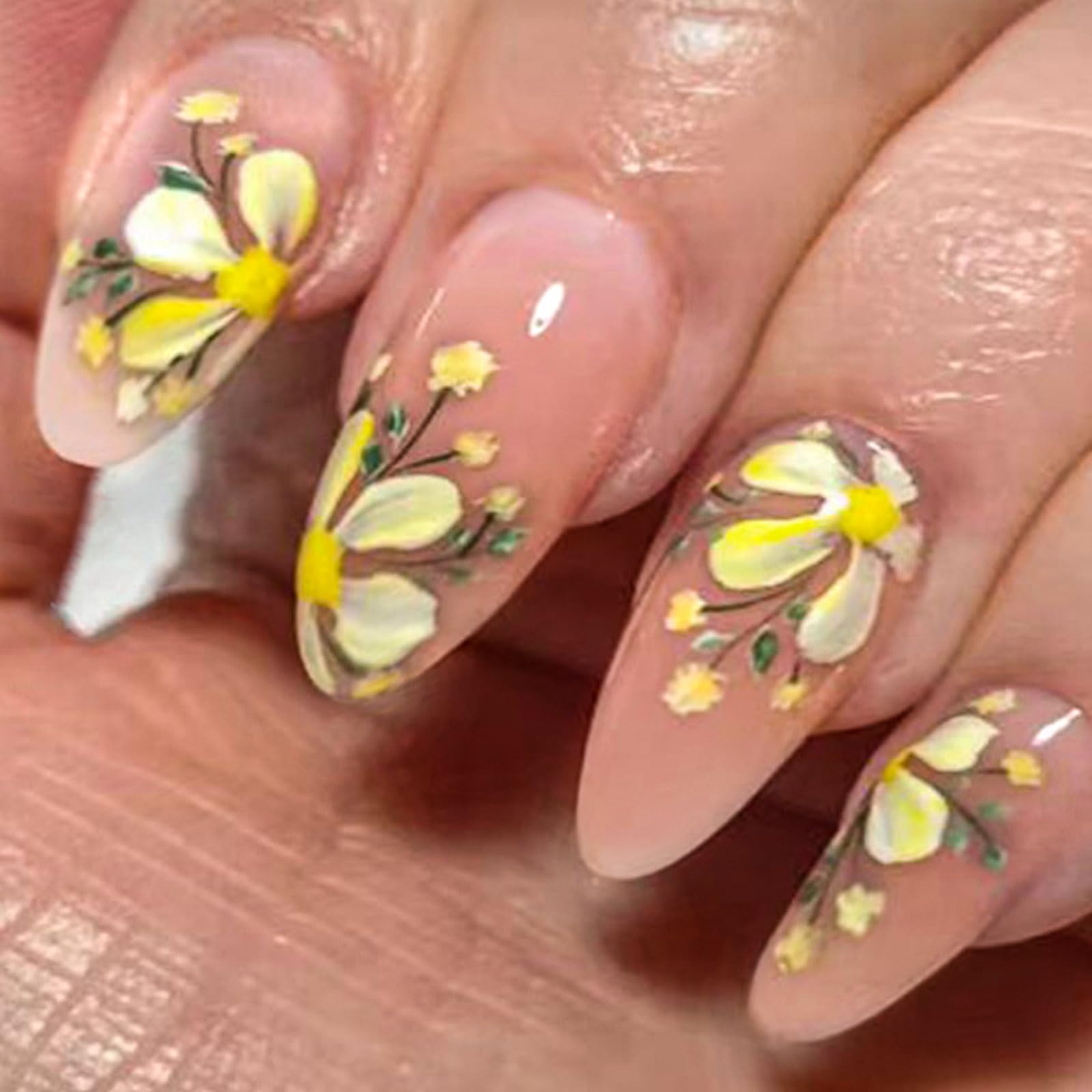 BQZQPAMZ 30pcs Yellow Flower Almond Shape Fake Nails Spring Press on Nails Short Glossy Flower Glue on Nails Reusable Acrylic Nails for Women DIY