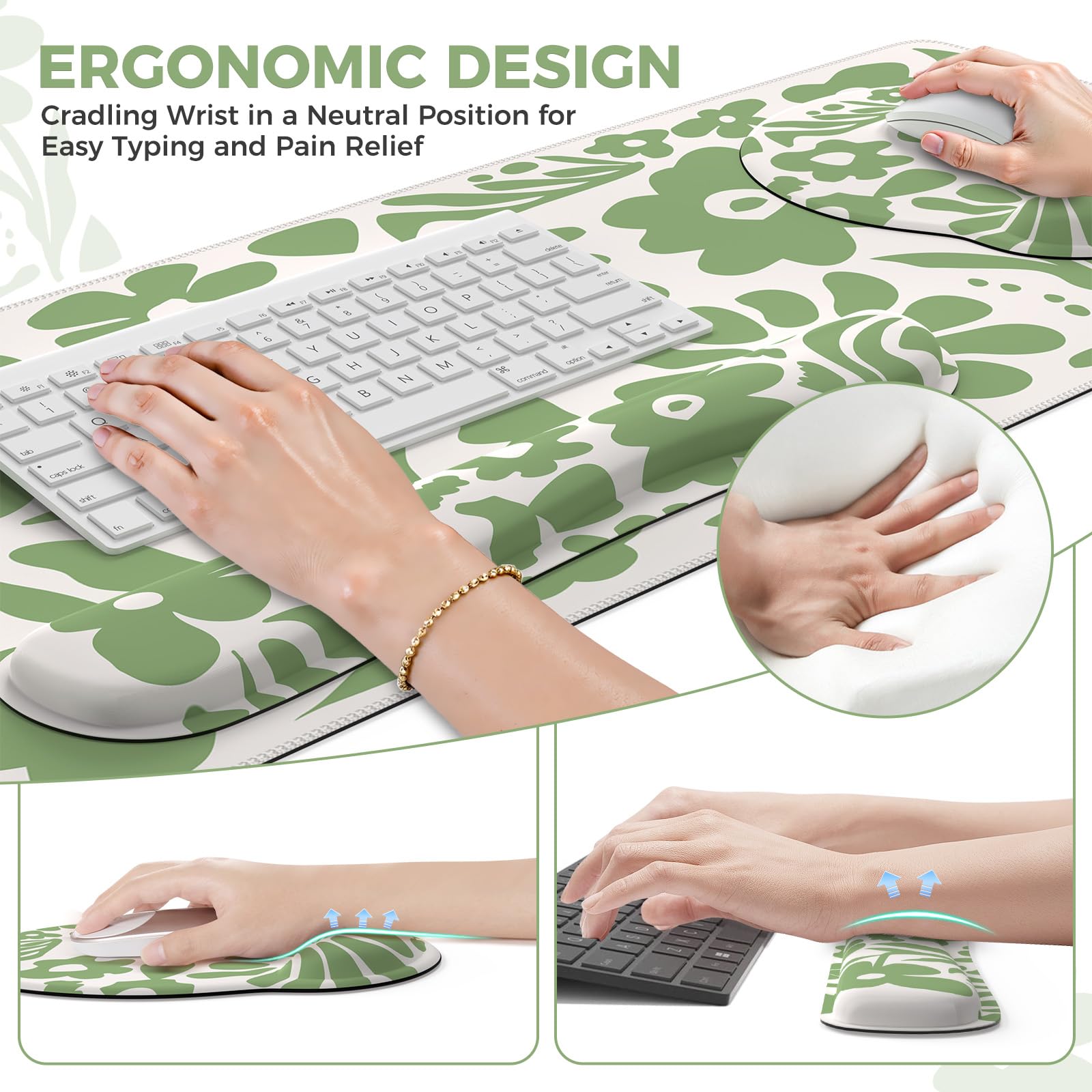 iCasso Tapis de Bureau 4 en 1 à Motif Floral avec Repose-Poignet, Tapis de Souris Ergonomique antidérapant XXL pour Ordinateur Grand Ordinateur avec Support de Poignet pour Clavier et Souris (Vert)