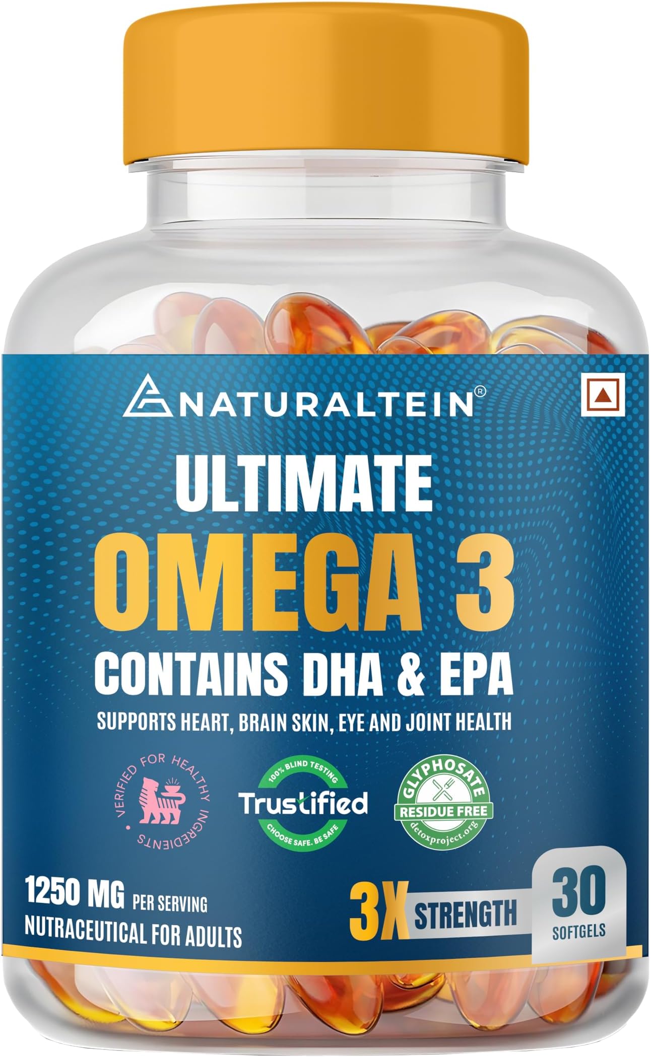NATURALTEIN Omega-3 Fish Oil 1250mg Triple Strength Softgel Capsules | 450mg EPA & 300mg DHA in Triglyceride Form for Better Absorption | Heart, Brain, Eye & Joint Support | Glyphosate-Free | 30 Softgel Capsules | 30 Day Supply