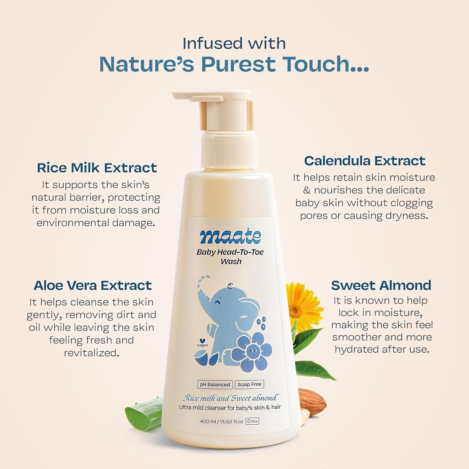 M.a.a.t.e Baby Head to Toe Wash | Baby Hair & Body Wash for Bath | Aloe Vera, Almond Oil, Rice Milk & Calendula | For Newborns, Infants & Babies 0m+ 400ml.