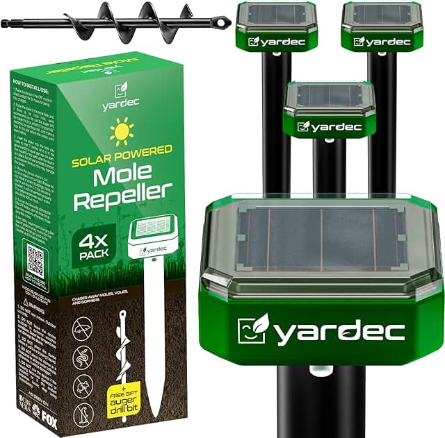 YARDEC Gopher Repellent Ultrasonic Solar Powered - Easy to Use Solar Mole Repellent Ultrasonic with an Auger Drill Bit - I...
