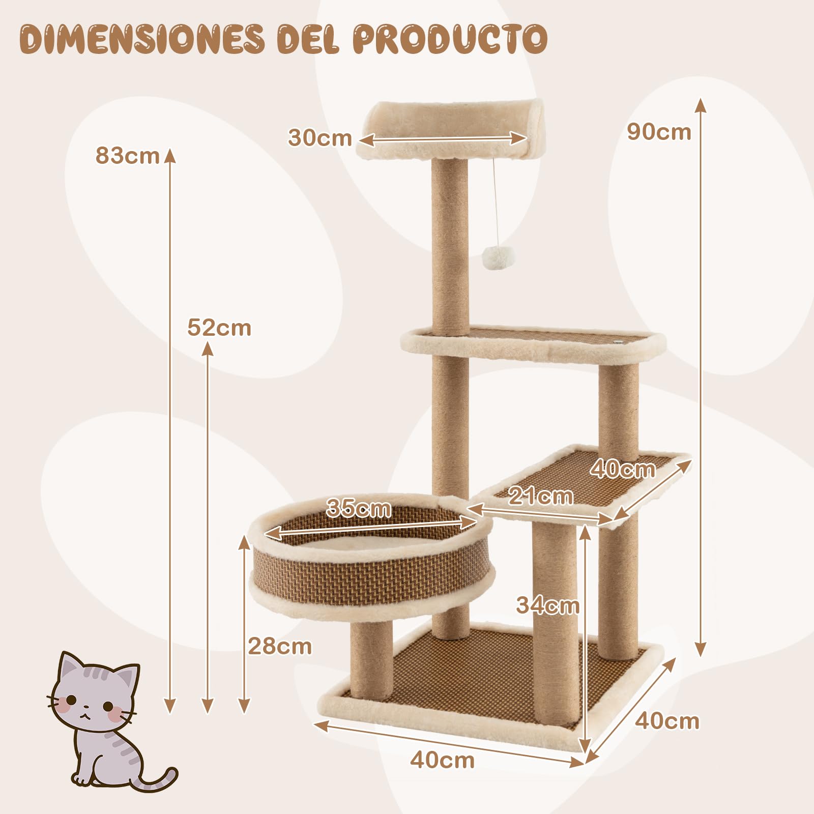 COSTWAY Torre para Gatos de Ratán, Árbol para Gatos de Interior con 3 Juguetes Colgantes, Árbol Rascador, Plataforma, Cama Espaciosa, Centro de Actividades con Tapete de Felpa (40 x 40 x 90 cm)