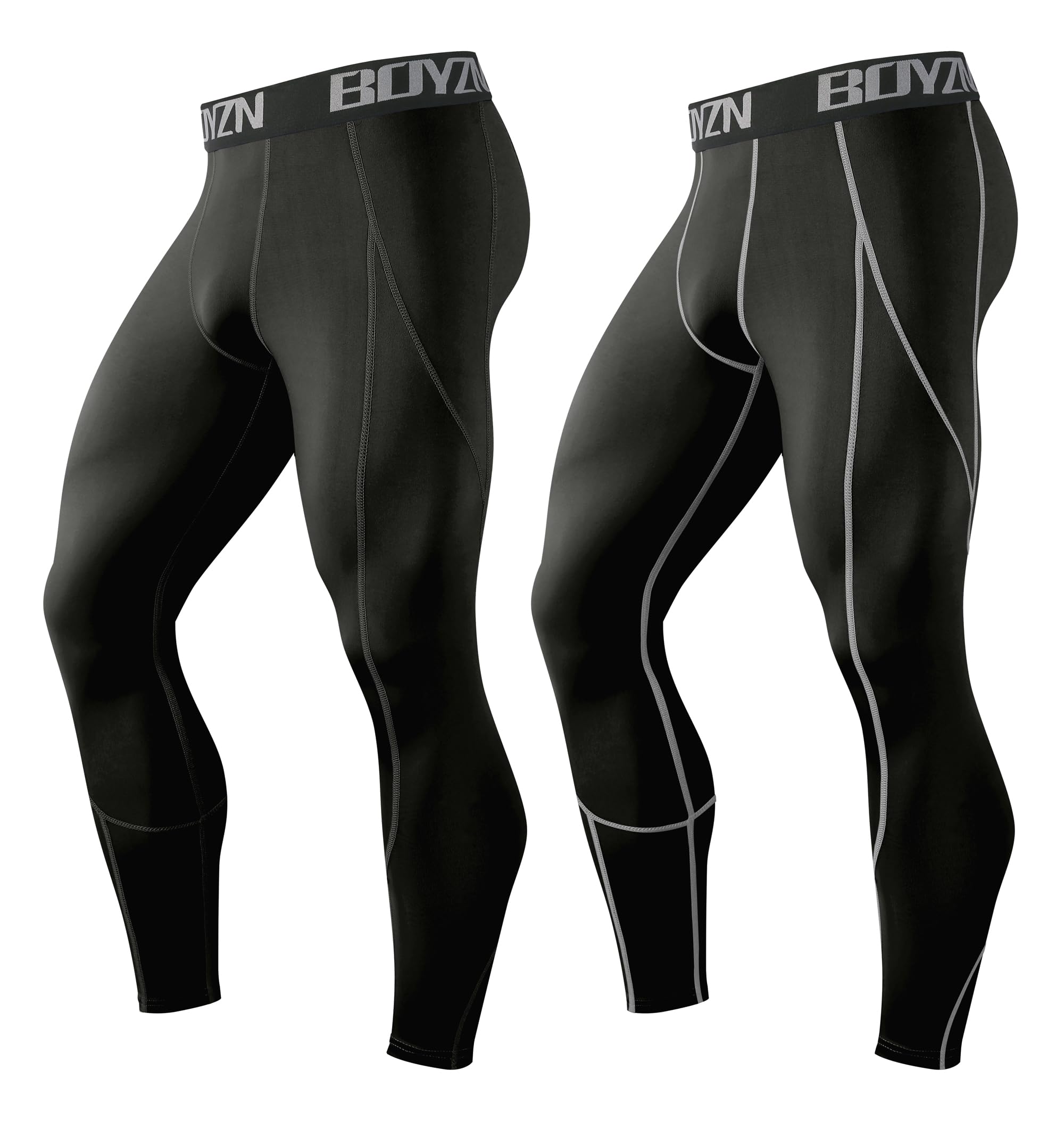 Boyzn 2 Pack Men's Compression Pants Athletic Running Leggings Workout Compression Tights Quick Dry Thermal Base Layer Trouser Sports Compression Leggings for Men Black/Black(Grey)-S