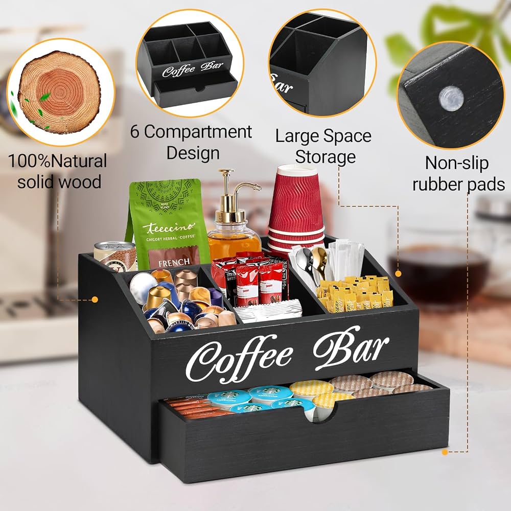 Organiseur De Bar à Café En Bois WATUNID Avec Tiroir Et Compartiments - 31x21.5x17 Cm - Rangement Capsules, Sucre, Tasses - Design élégant