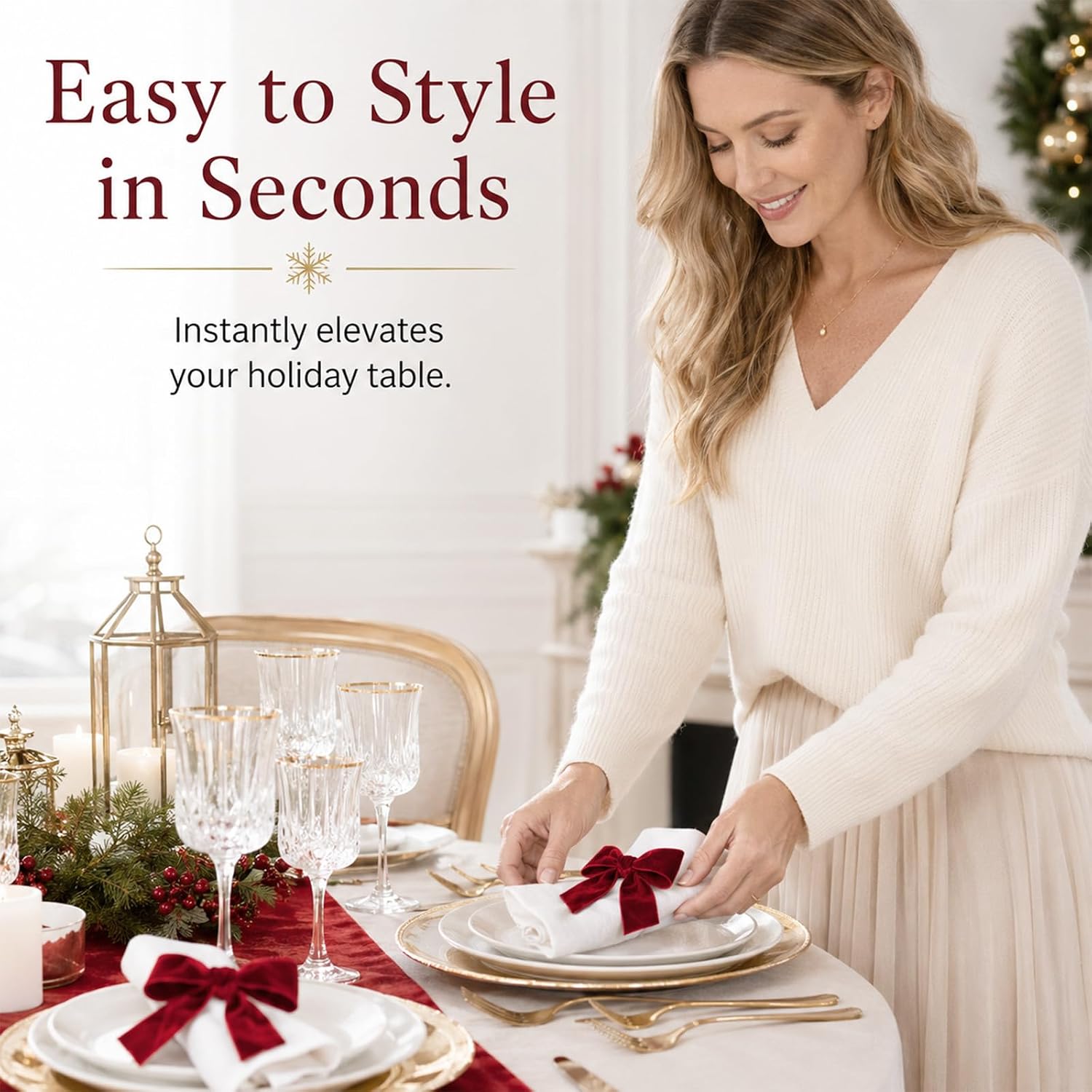 8PCS Velvet Bow Burgundy Christmas Napkin Rings Set Christmas Decorations