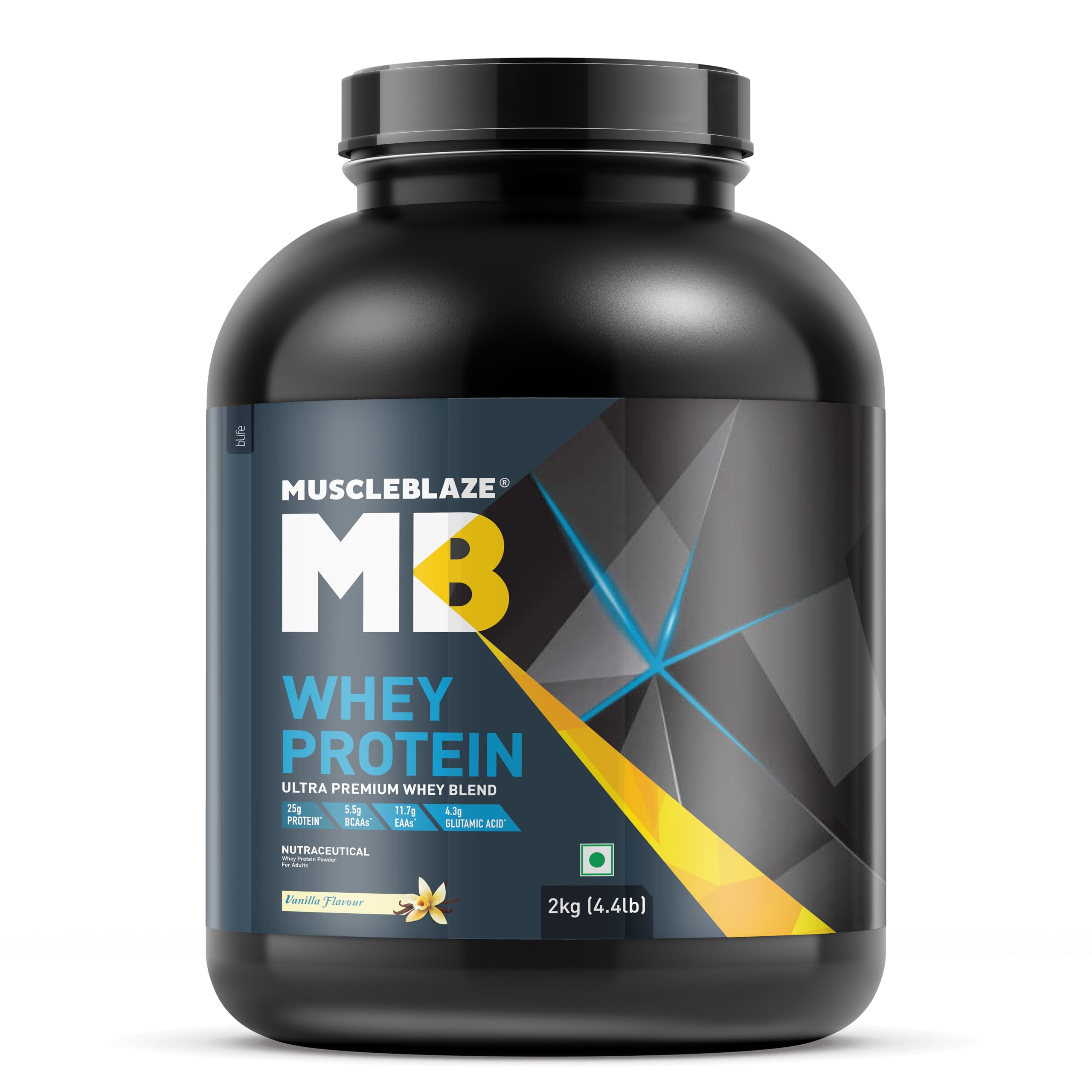MuscleBlaze 100% Whey Protein, Ultra Premium Blend with Concentrate & Whey Protein Isolate, 25 g Protein per Scoop (Vanilla, 2 kg / 4.4 lb)