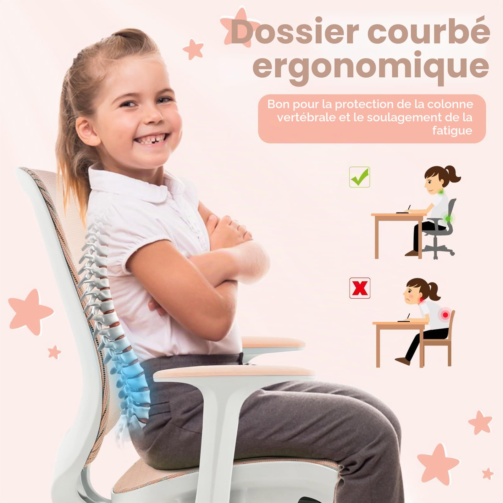 FANTASK Chaise de Bureau pivotante à 360 ° pour Enfant, Hauteur d'assise réglable en Hauteur de 43 à 55 cm, Rose