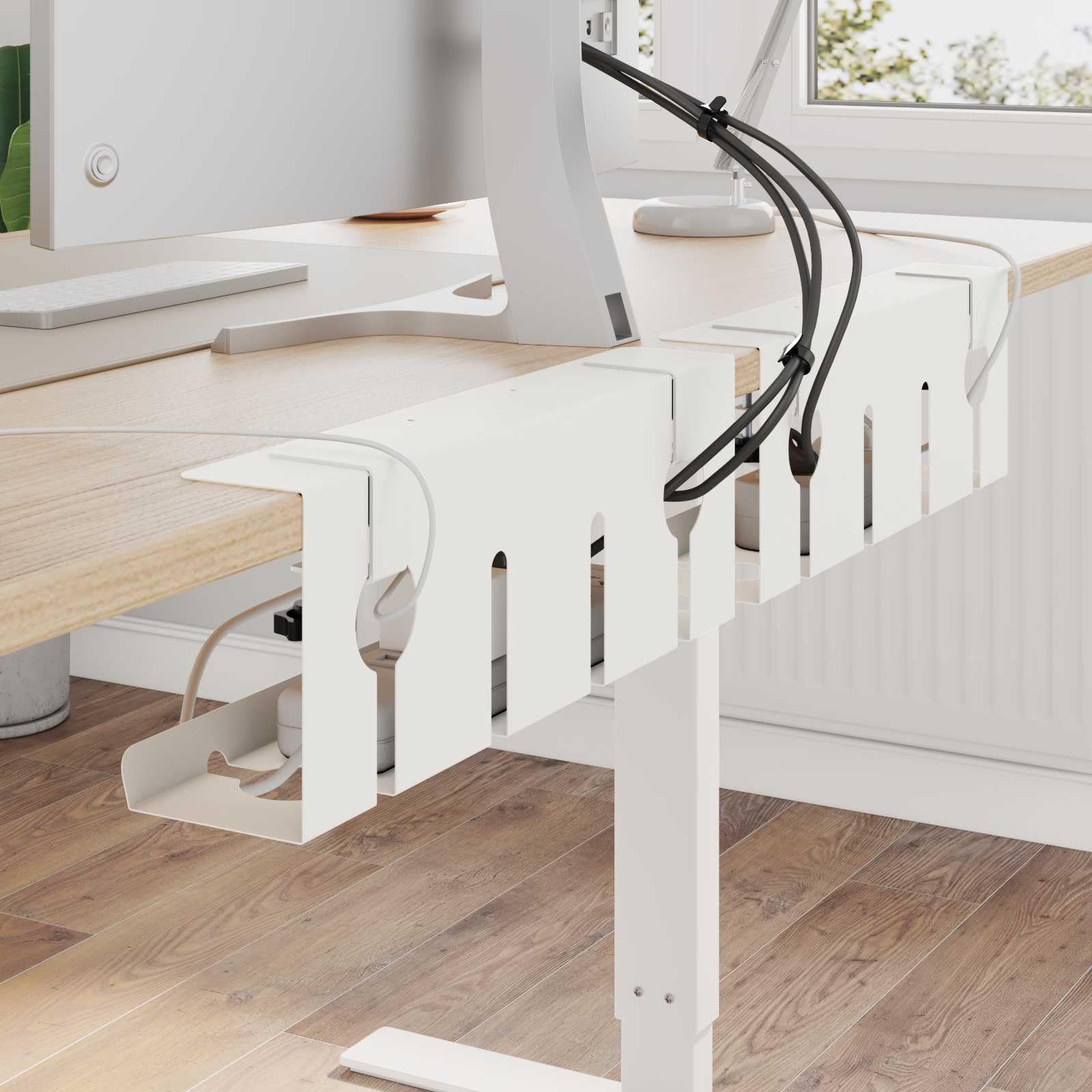 vidaXL Bandeja de gestión de cables debajo de la mesa 2 piezas Blanco, Bandeja de cables moderna, instalación sin taladro, soporte de abrazadera, organizador de cables de tornillo