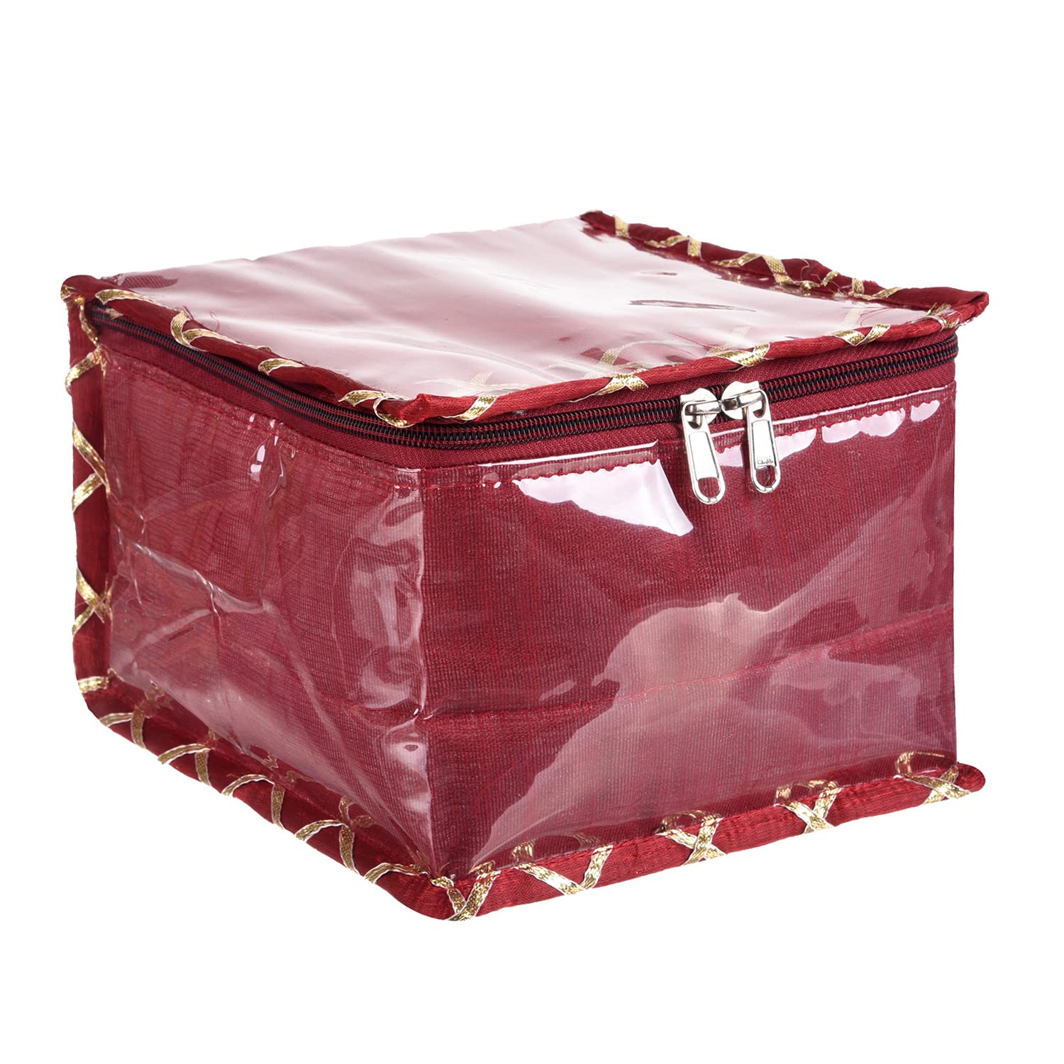 Kuber Industries Organizer na biżuterię, Laminowany PVC Gota Check Design Organizer kosmetyczny dla kobiet, zestaw kosmetyków z 10 przezroczystymi woreczkami, bordowy