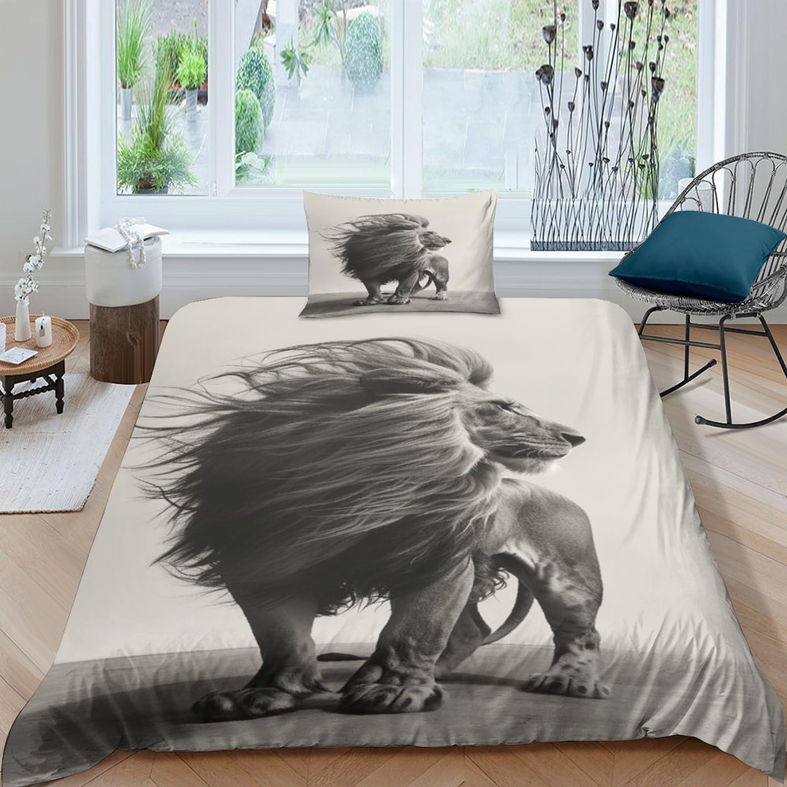 Housse de couette lion 135x200 parure de lit 3 pièces microfibre avec taies