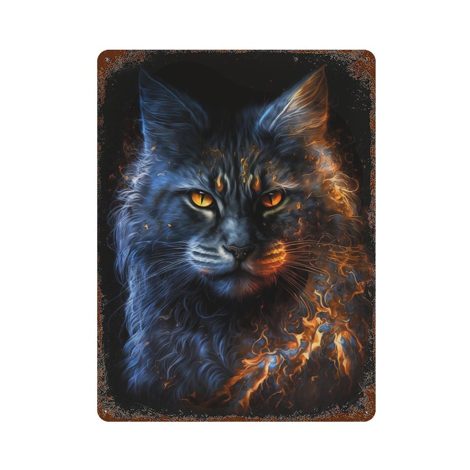 Flaming Cat Art Print Aged Metal Wall Plaque 15.7"x11.8", for Garage, Bar And Workshop Decor, Farmhouse Wall Decor