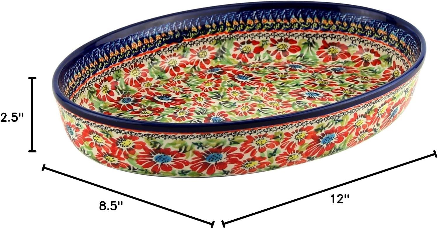 Polish Pottery Market Au Gratin Oval Baking Dish – 12" x 8 ½" x 2 ½" – Handmade Stoneware by Zaklady Boleslawiec